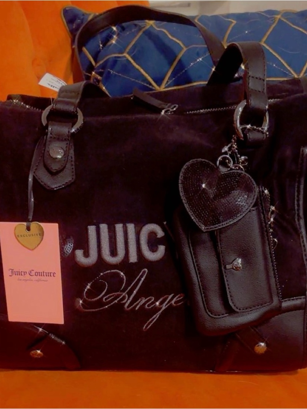 Juicy Couture Black Velvet Shoulder Tote with Heart Charm Pouch
